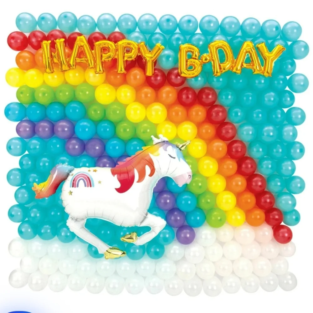 Air-Filled Rainbow & Unicorn Happy B-Day Foil & Latex Balloon Backdrop Kit